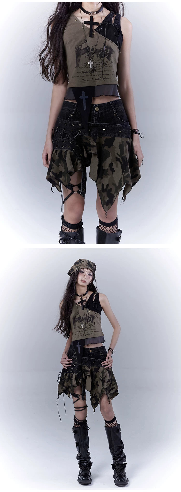 Original Design Damage Camouflage Lace-Up Short Denim Skirt