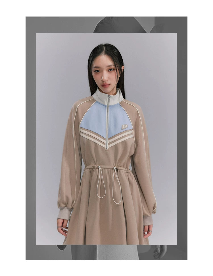 Embroidery Color Blocking Sporty Long Sleeve Jersey Dress