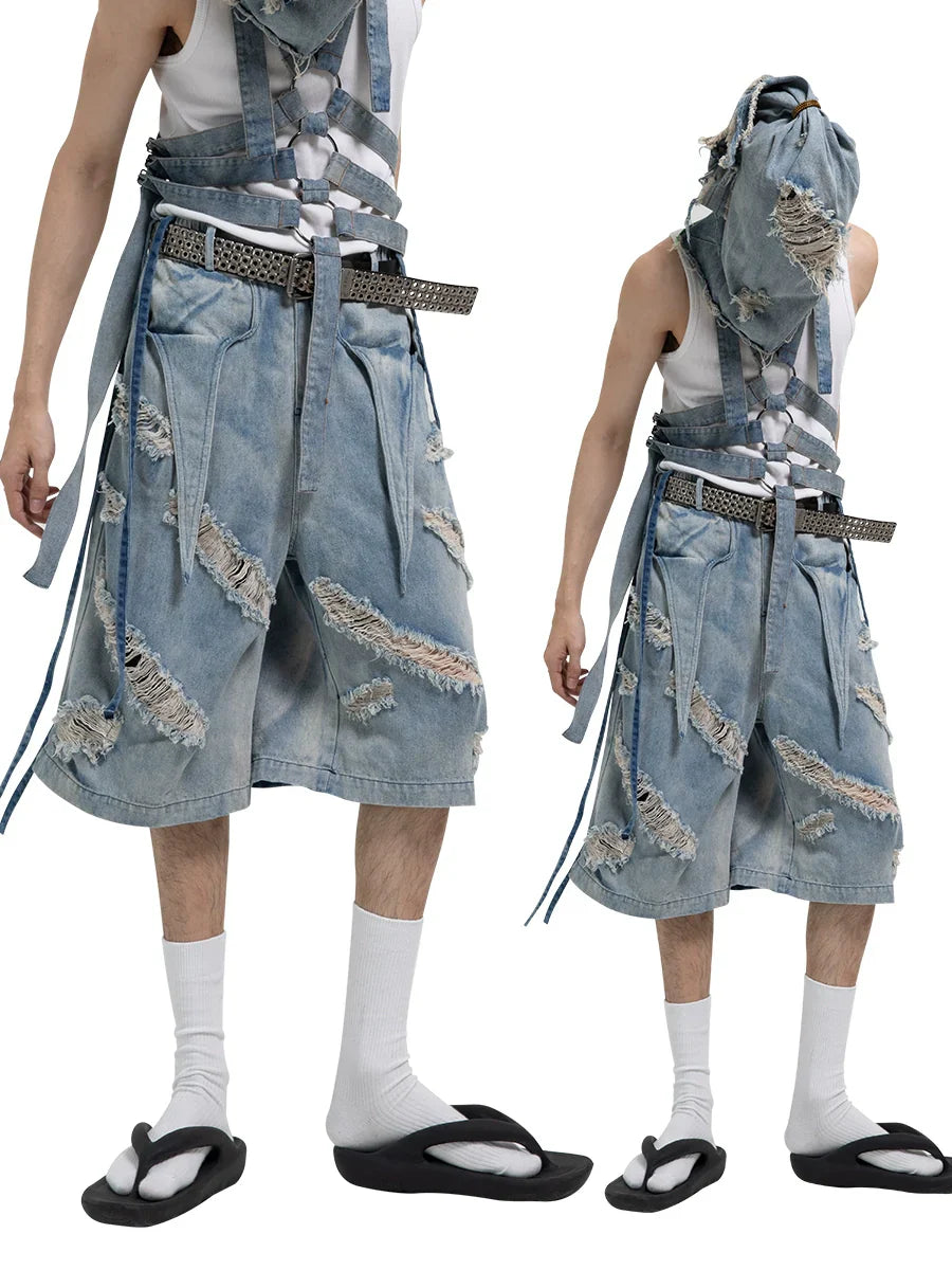 Washed Damage Wide-Leg Straight Denim Half Jeans