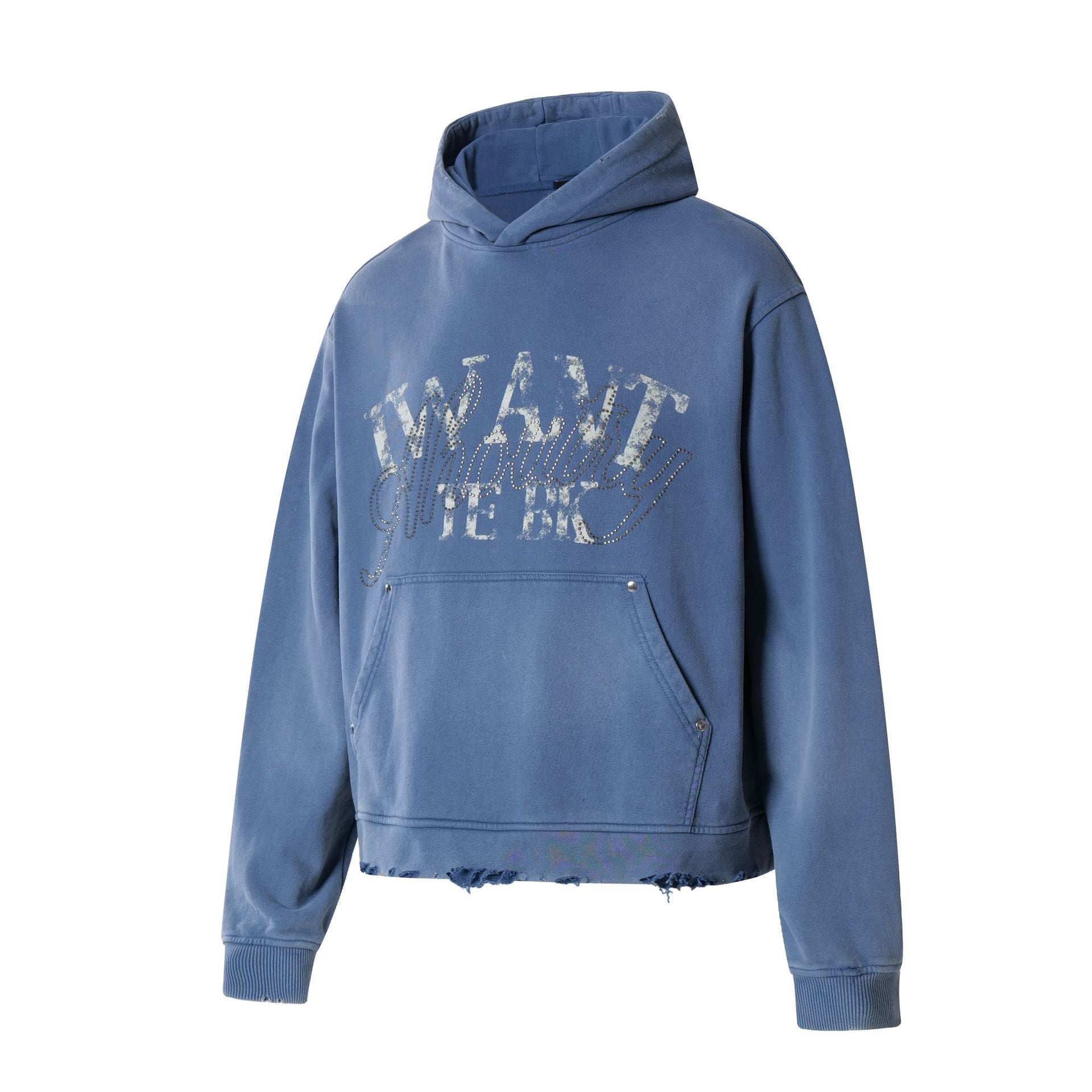 Washed Letter Rhinestone Design Damage Hoodie