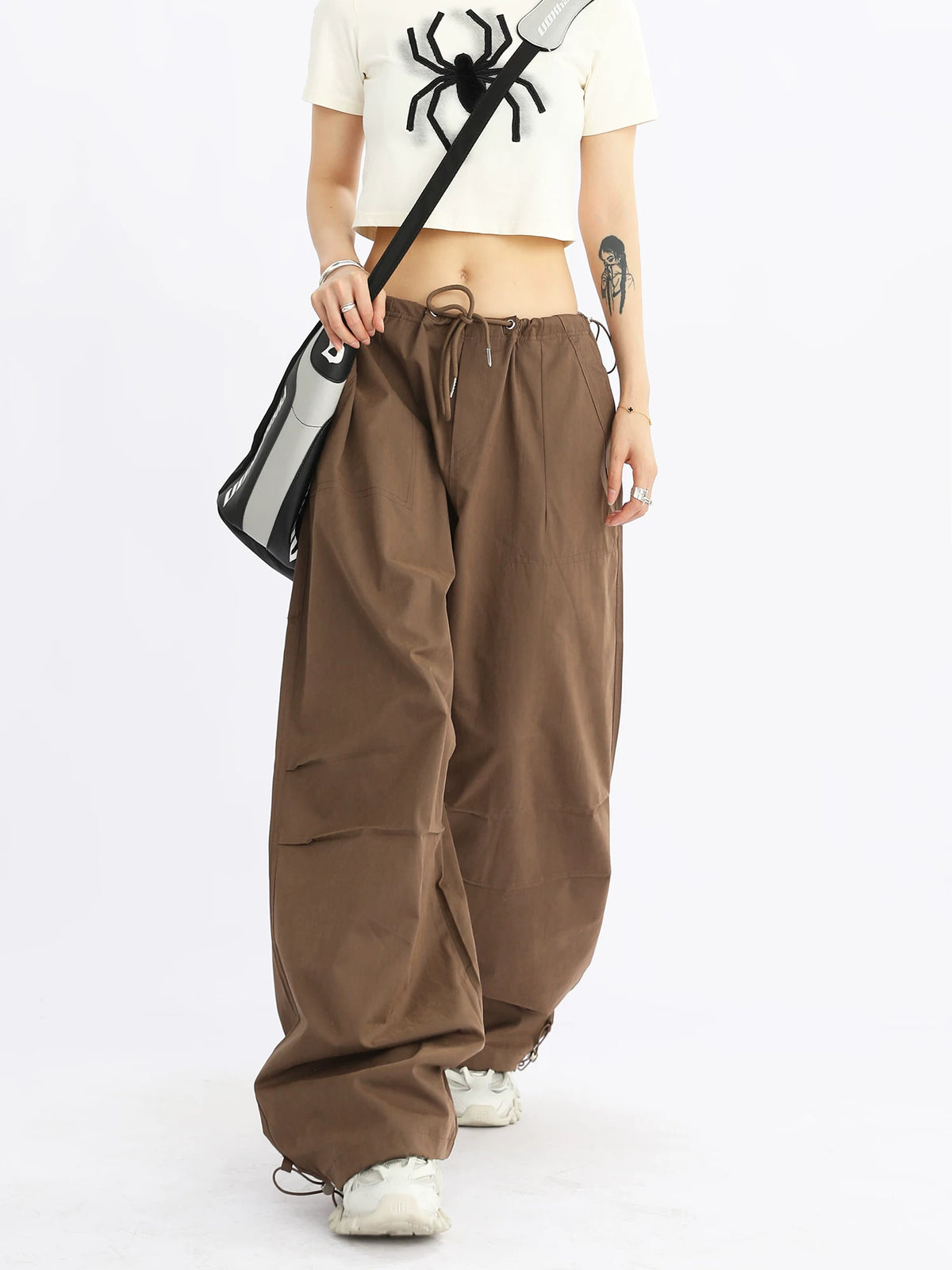 Wide-Leg Drawstring Cargo Pants