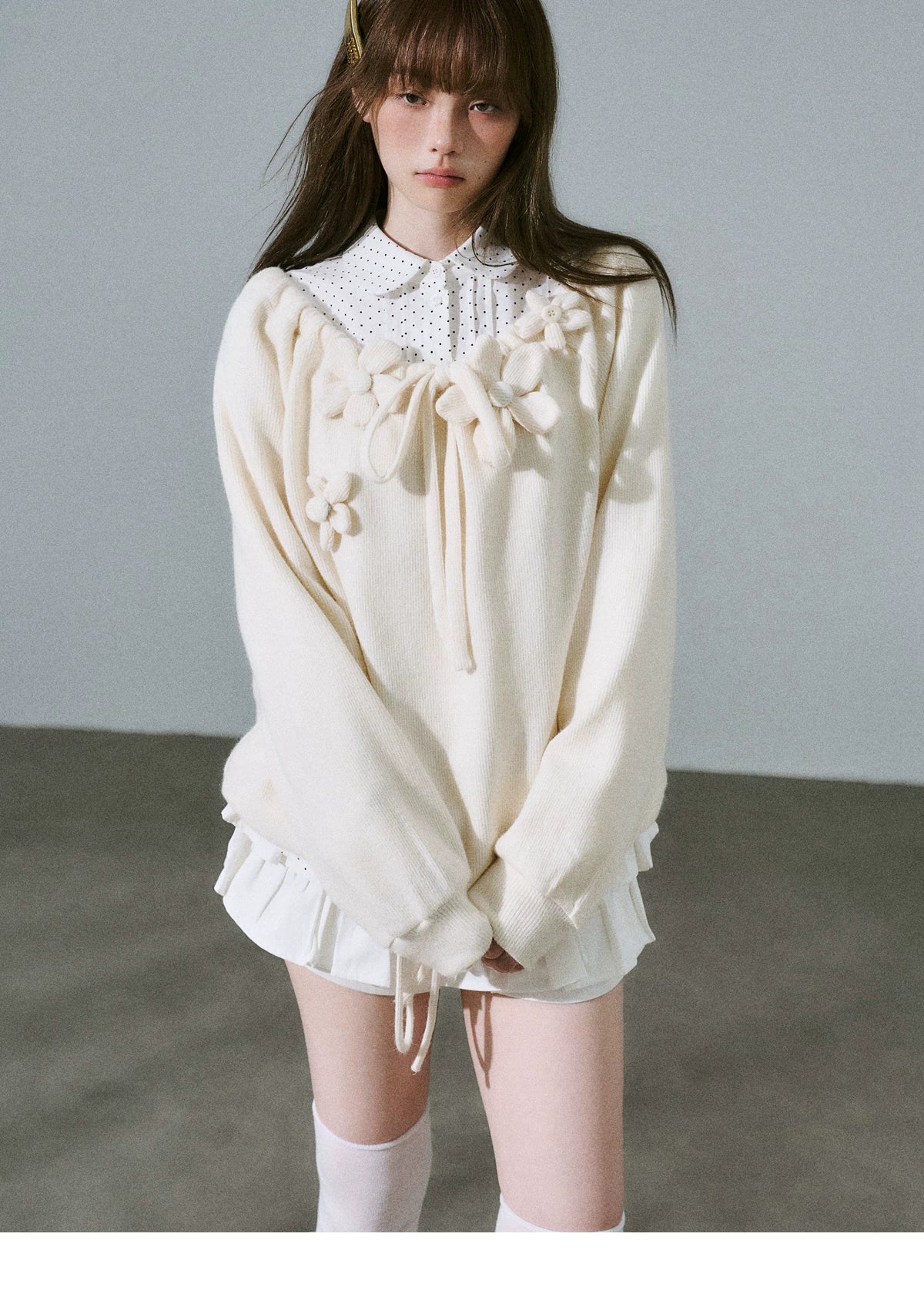 Flower Applique Drawstring Detail Sweatshirt