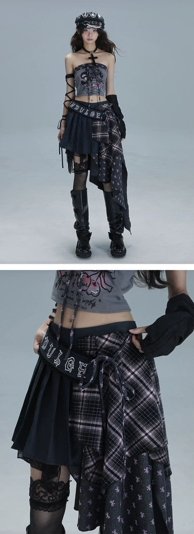 Plaid Patchwork Asymmetric Embroidery Skirt
