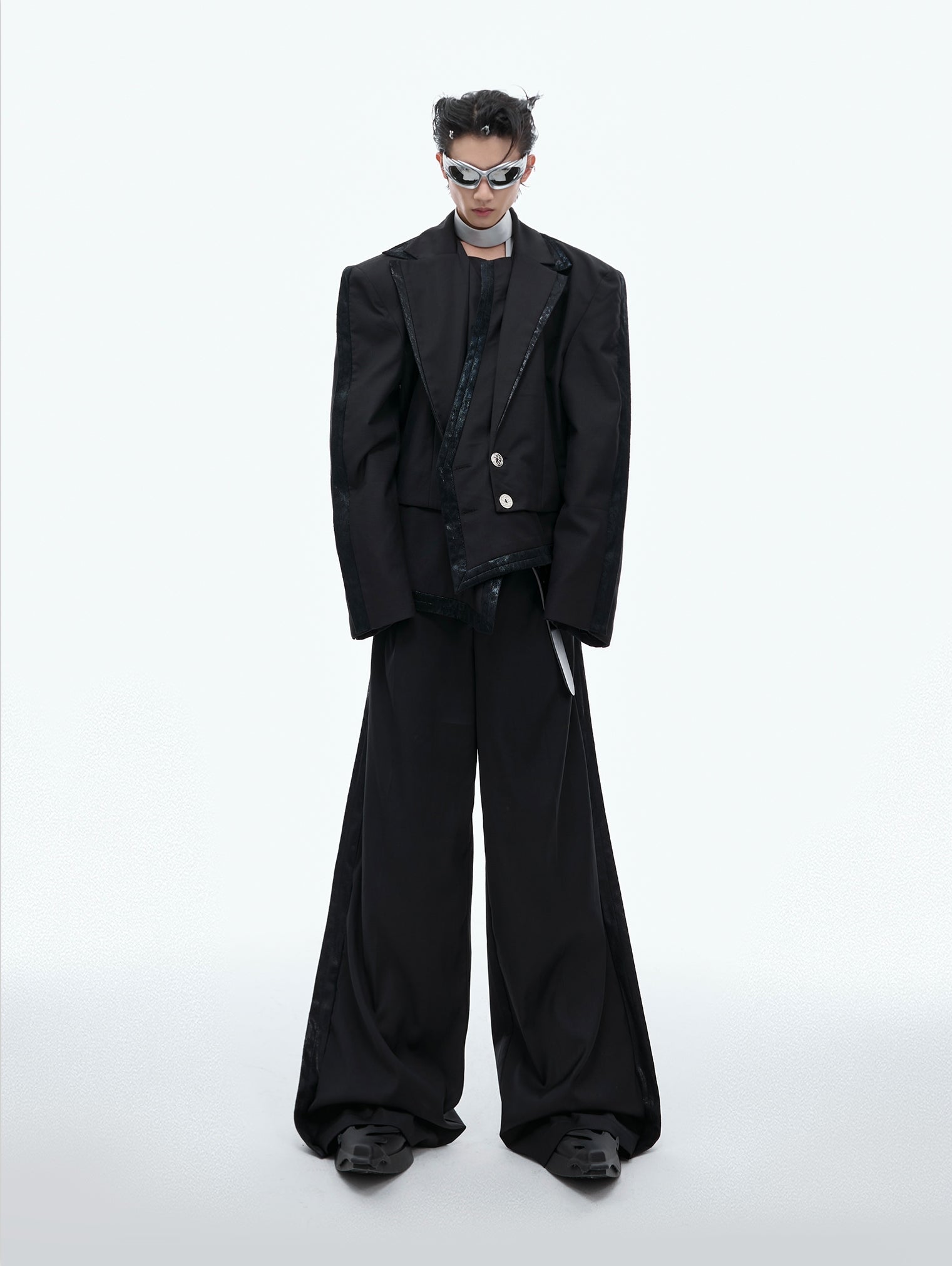 Irregular Layered Tailored Jacket  & Wide-Leg Straight Trousers Setup