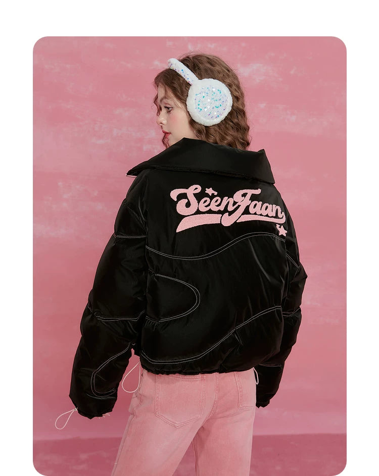 Letter Print High-Neck Short White Duck Down Jacket