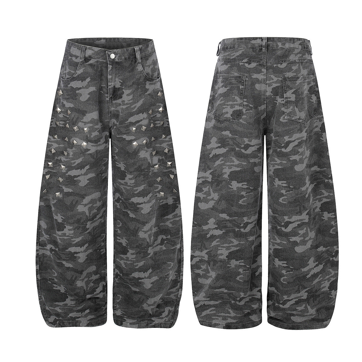Camo Rivet Curved Wide Leg Denim Jeans