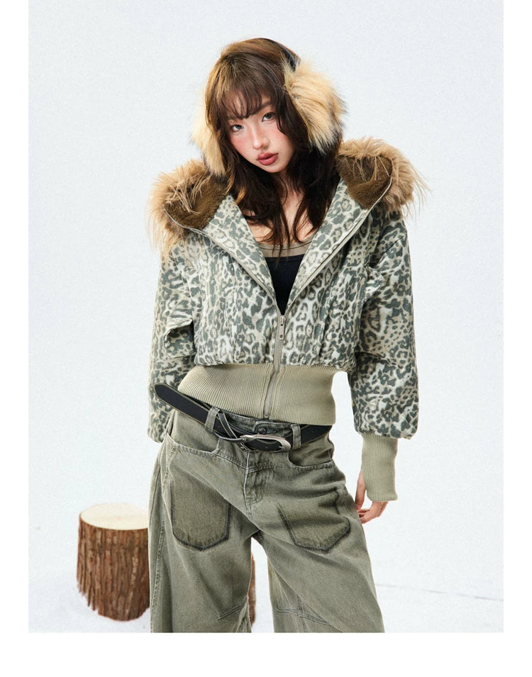 Leopard Print Fur-Trim Hood Puffer Jacket