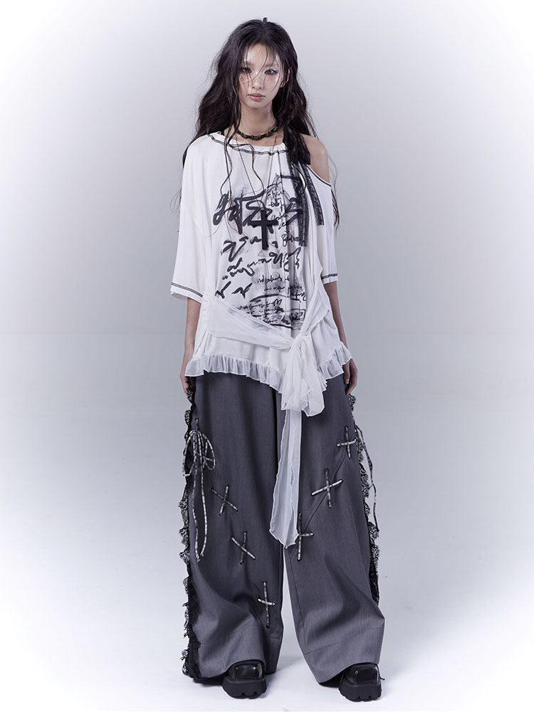 Design Lace Patchwork Tie Detail Drapey Trousers