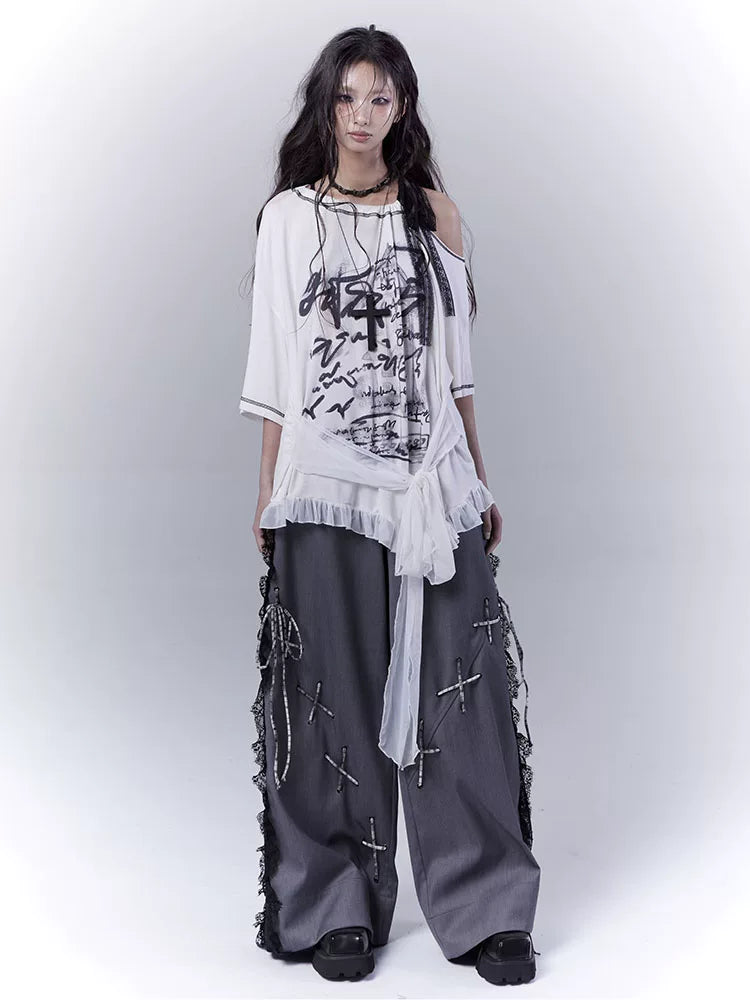 Design Lace Patchwork Tie Detail Drapey Trousers