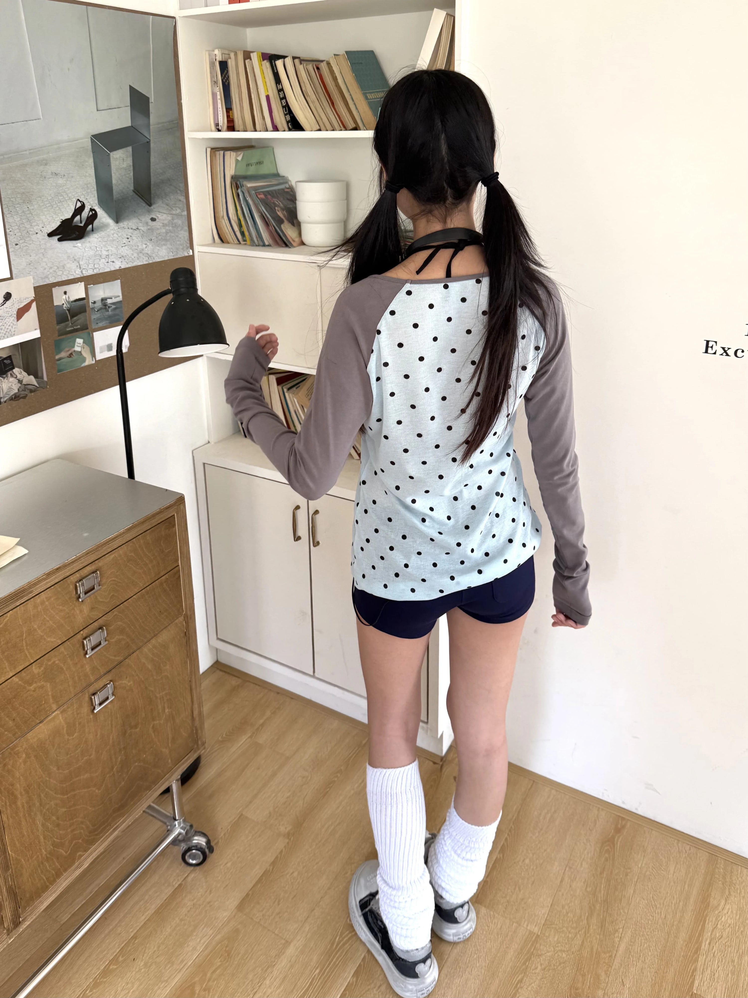 Polka Dot Letter Print Fake Layered Fitted Long Sleeve T-Shirt