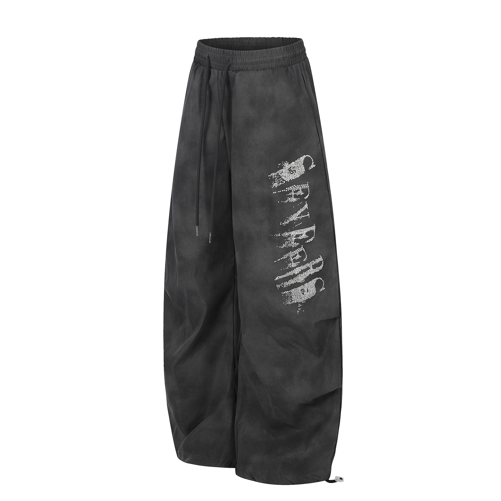 Washed Letter Print Drawstring Wide Leg Pants