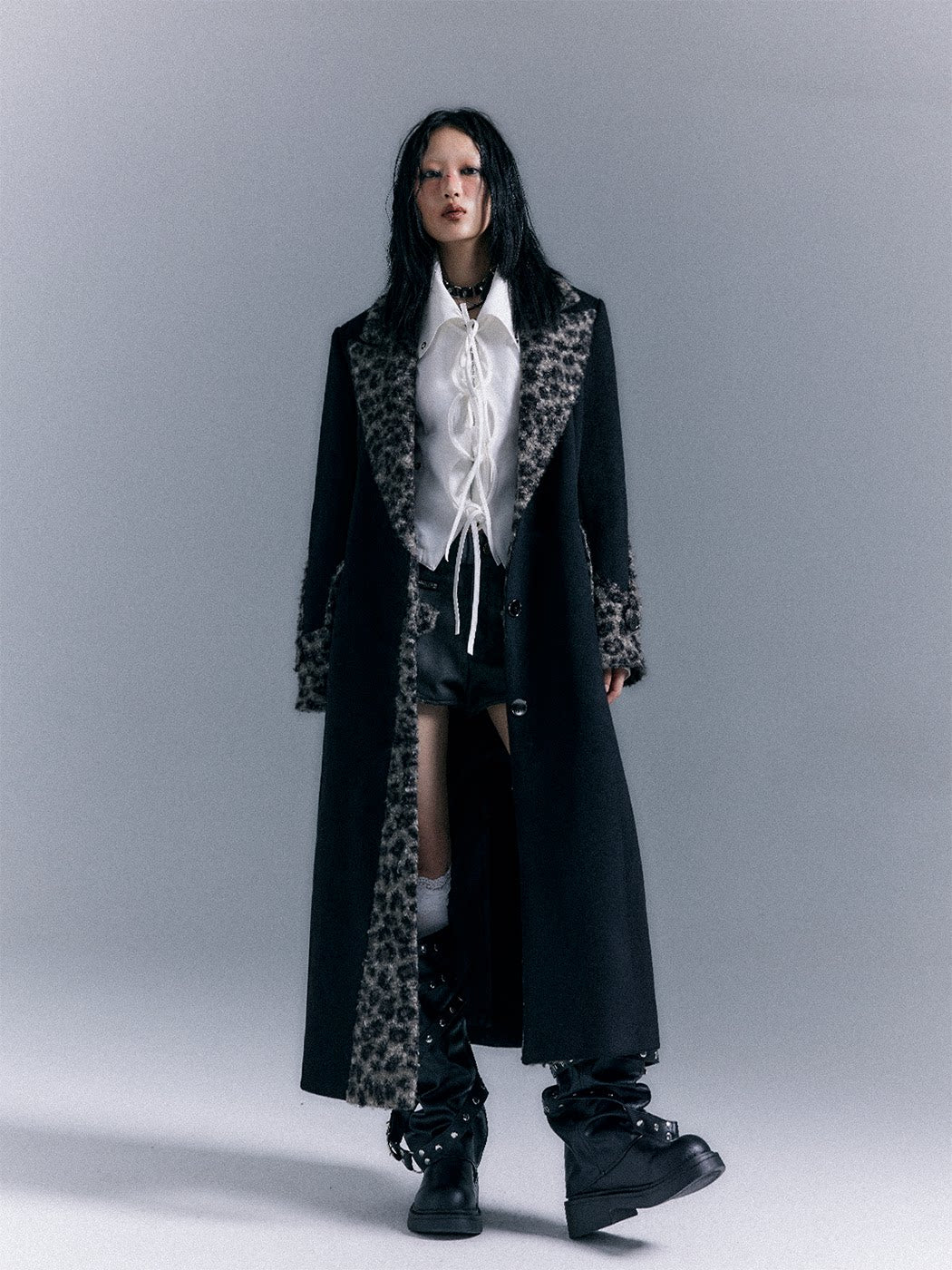Shoulder Pad Leopard Print Patchwork Wool Coat