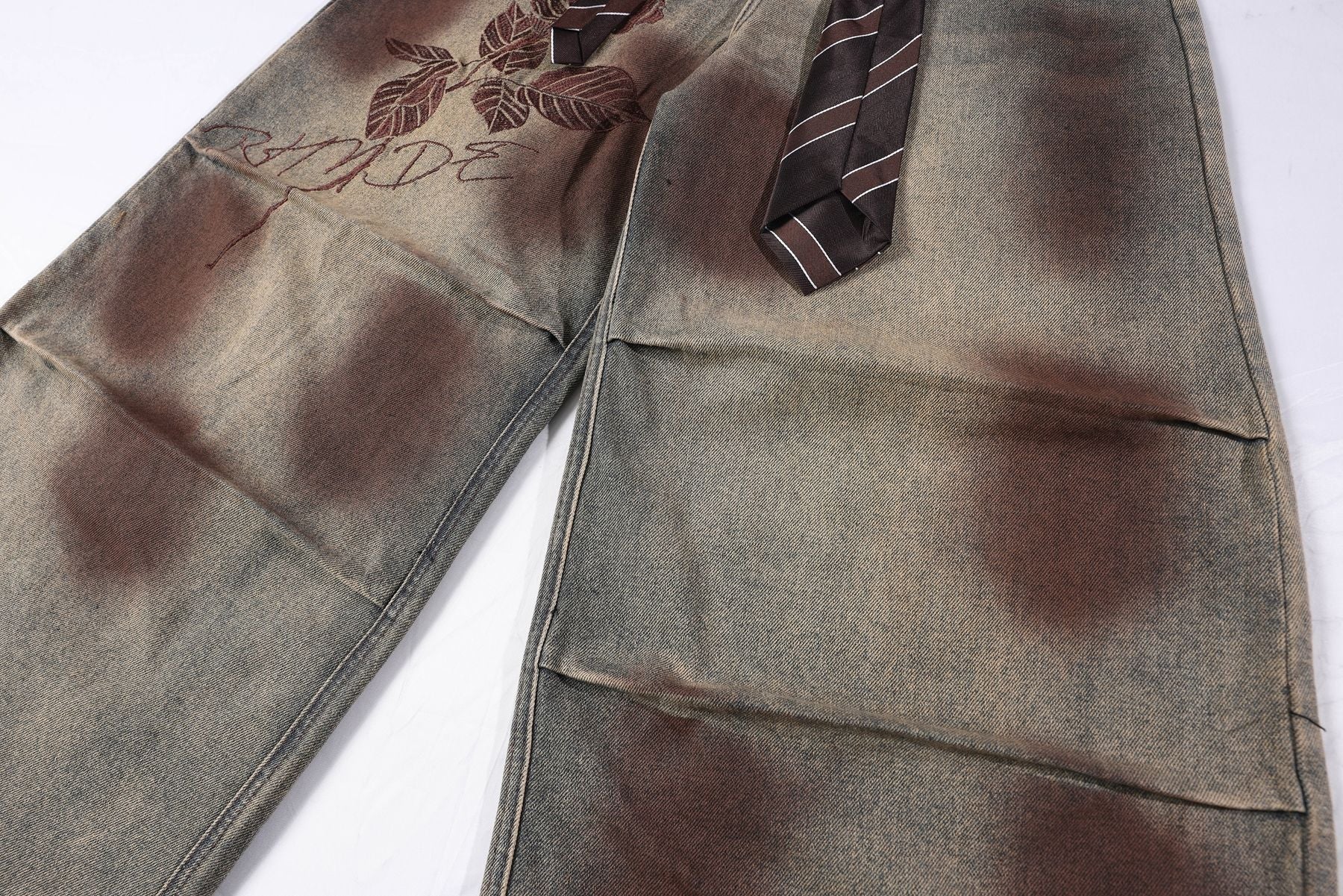 Washed Rose Embroidery Wide Leg Curved Denim Jeans