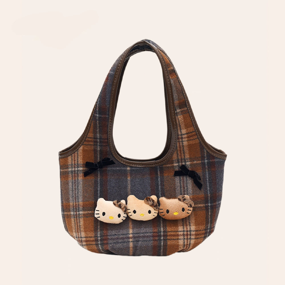 Vintage Karo Tragetasche mit Hello Kitty Trio - Soft Girl Ästhetische Handtasche