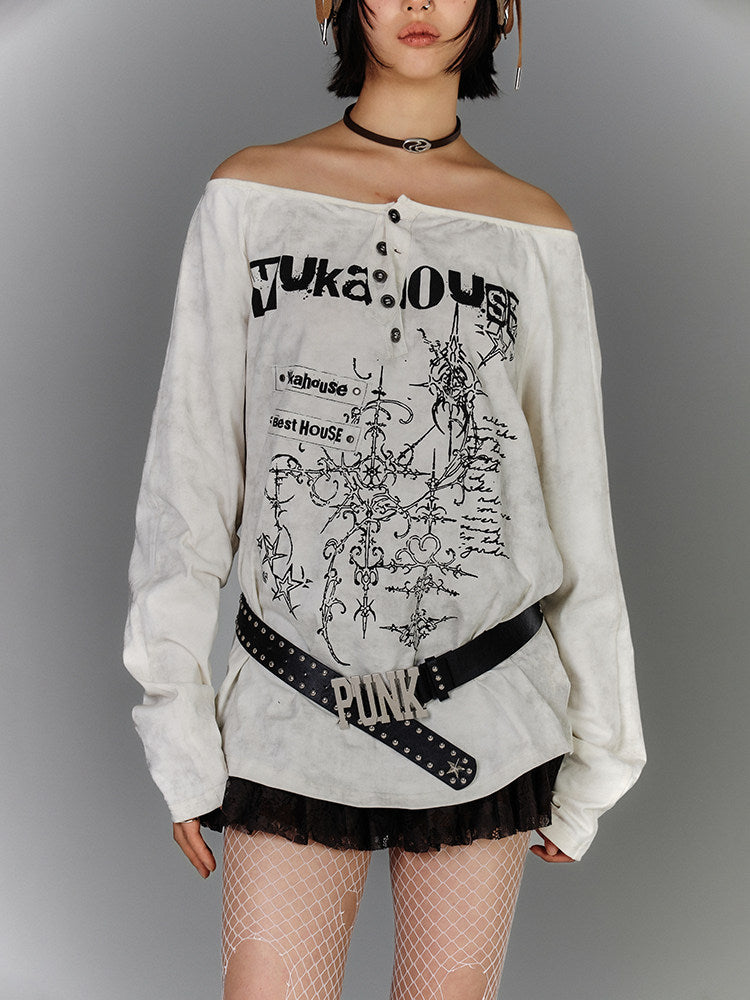 Off-Shoulder Graphic Print Button Long Sleeve T-Shirt