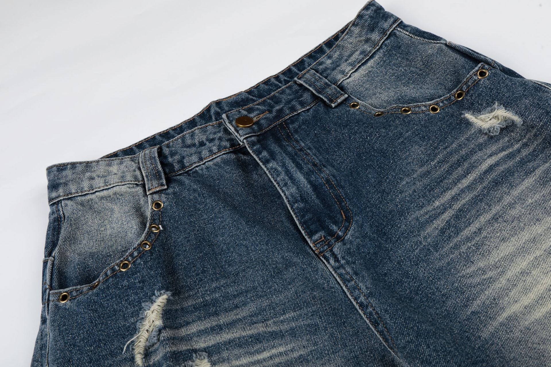 Wash Rivet Damage Wide Leg Denim Jeans