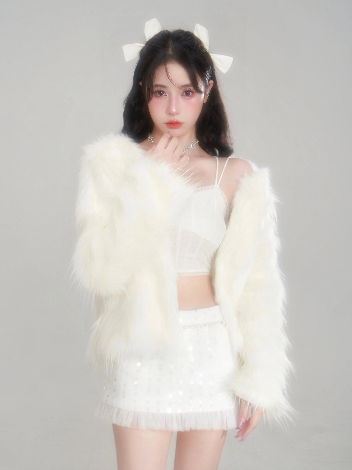 Eco Fur Warm Jacket & Short Skirt & Long Skirt Setup