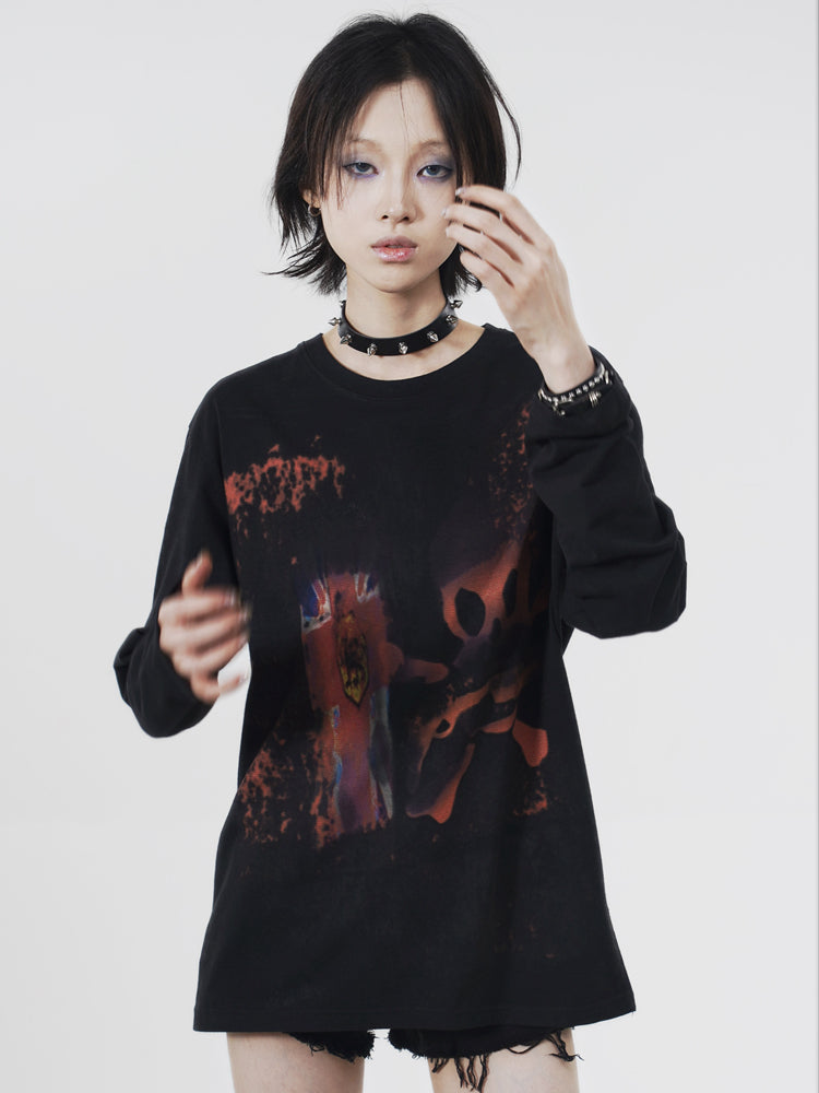 Skull Metal Print Long Sleeve T-Shirt
