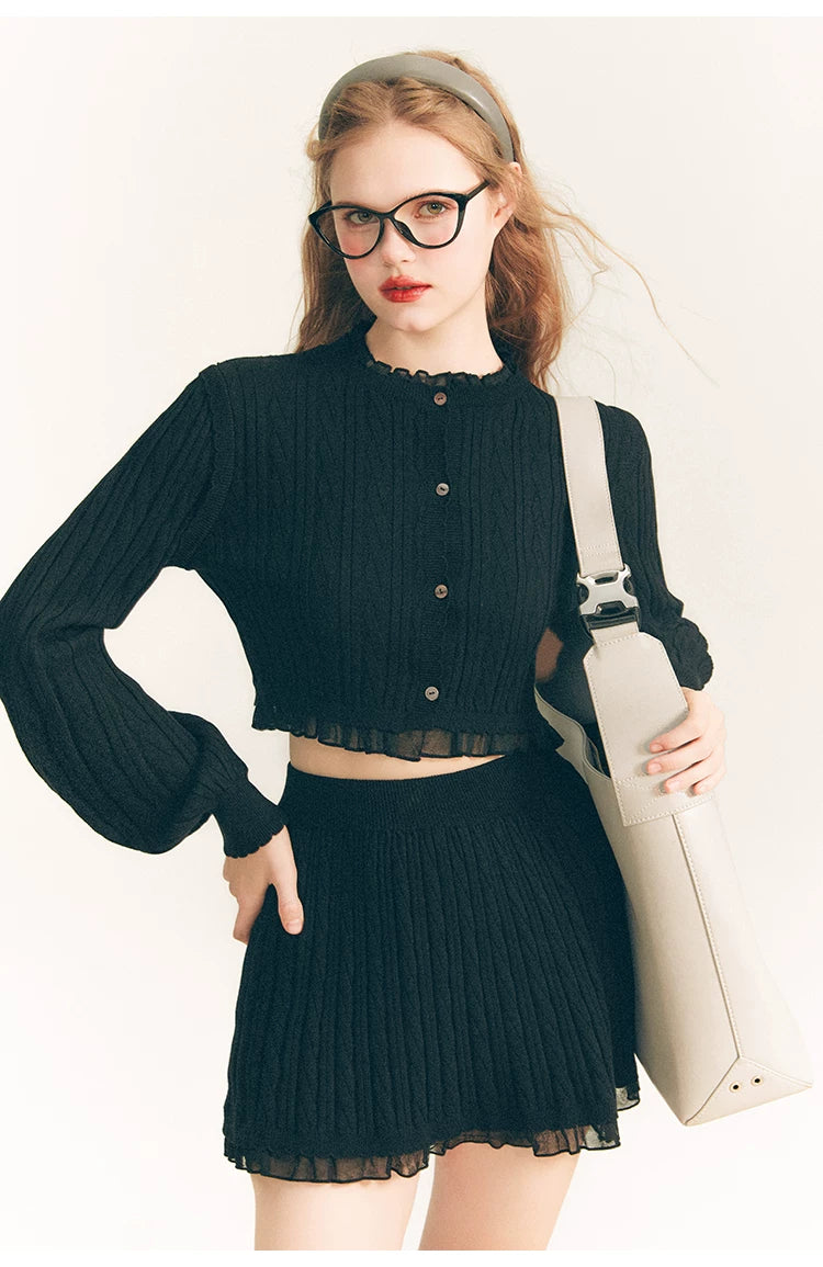 Tulip Button Knit Cardigan & Knit Short Skirt Setup