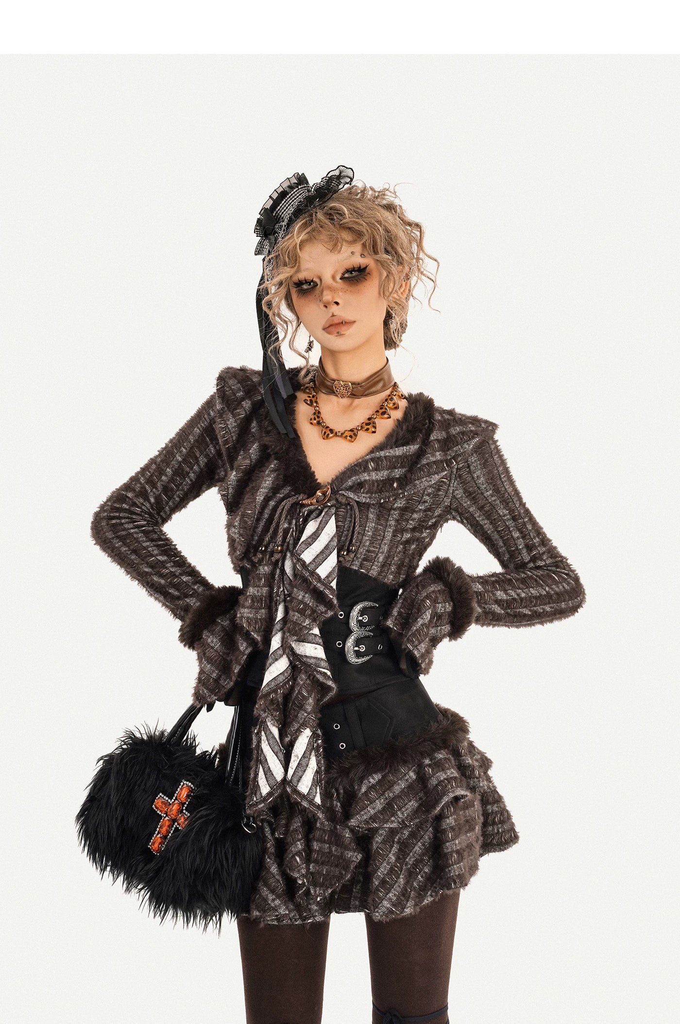 Original Design Patchwork Raw Edge Slim Long Sleeve Shirt & Skirt Setup