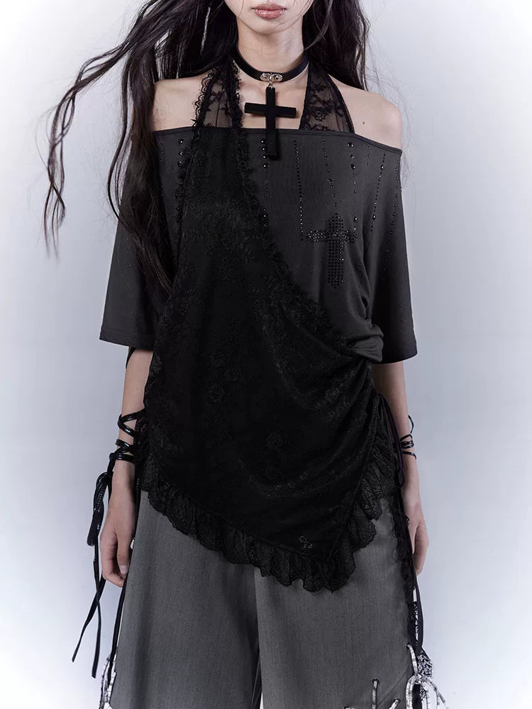 Lace Patchwork Halter Neck Rhinestone Oversize Short Sleeve T-Shirt