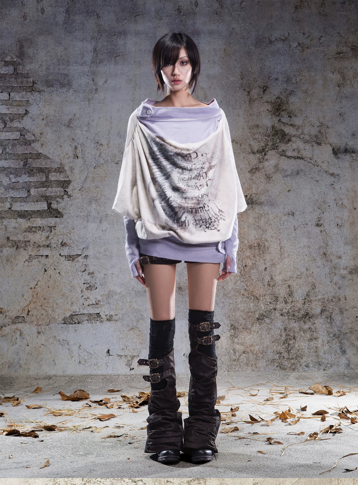 Original Fake Two-Piece Oversize Batwing Sleeve Floral Off-Shoulder Long Sleeve T-Shirts