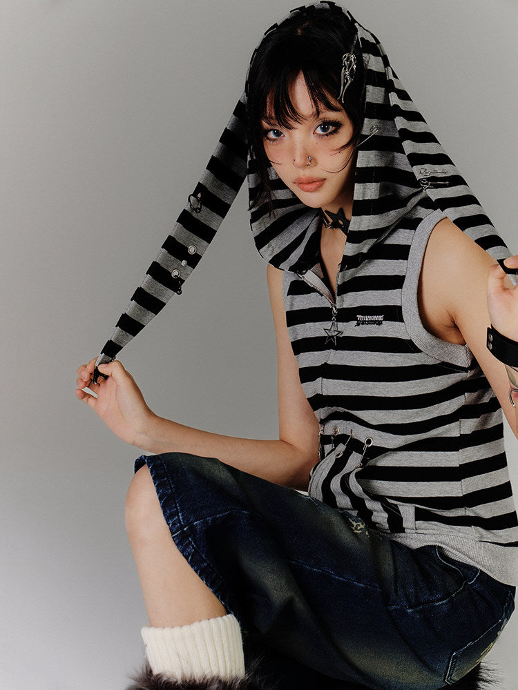 Stripe Zipper Hooded Sleeveless T-Shirt