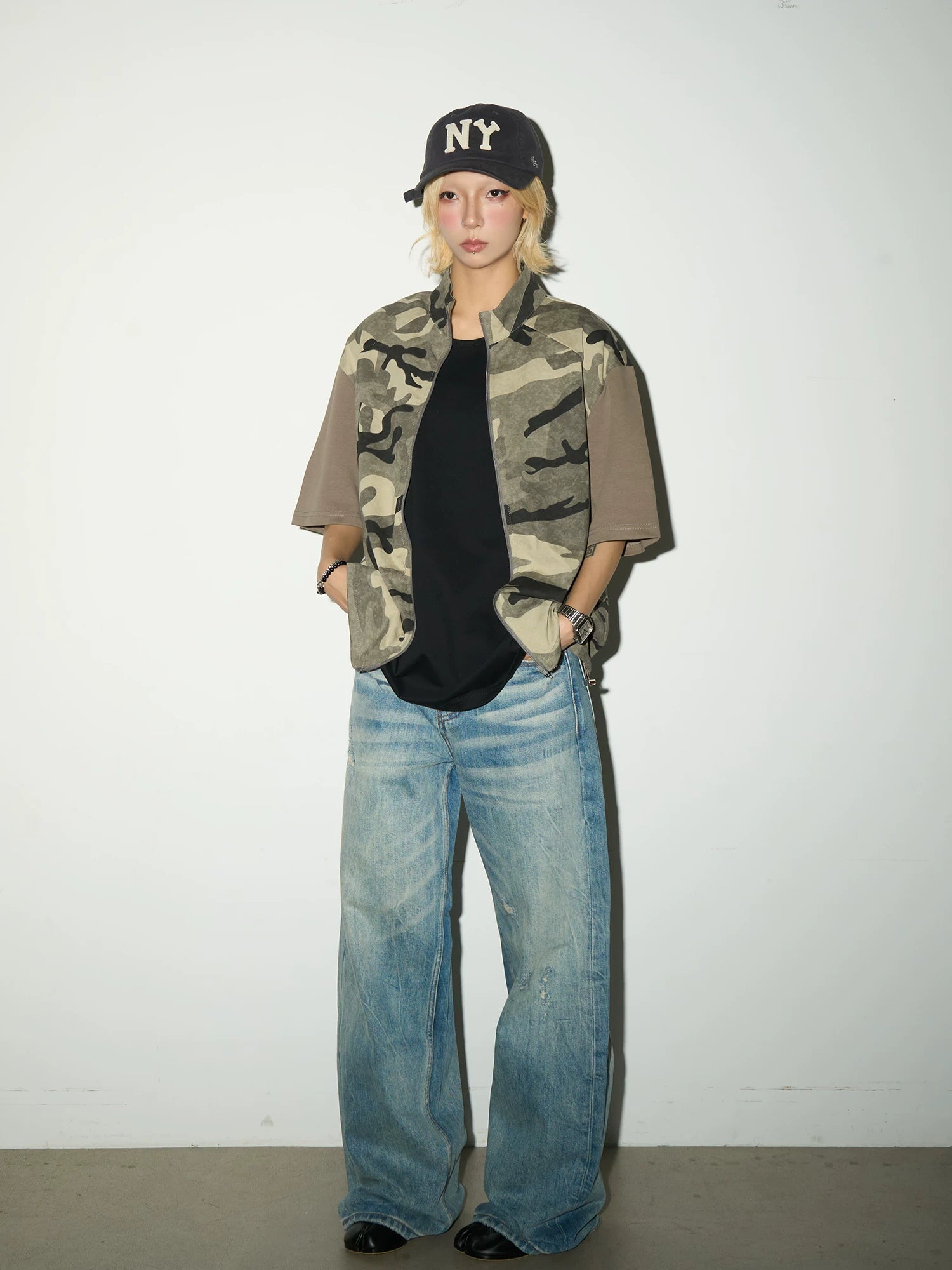 Wash Damage Straight Denim Jeans