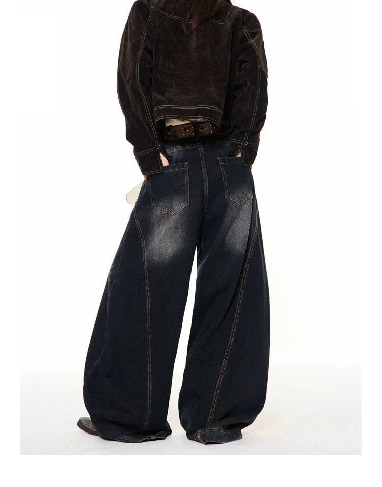 Washed Scratch Detail Wide Leg Denim Jeans