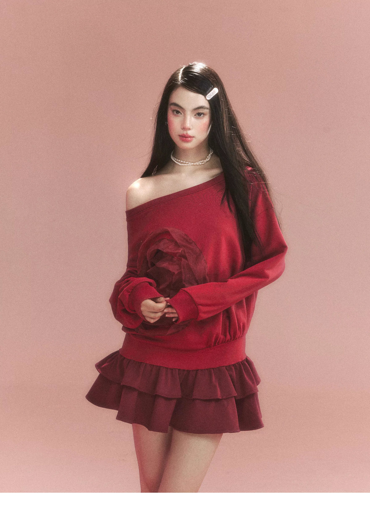 Flower Ruffle Sweatshirt Mix Dress