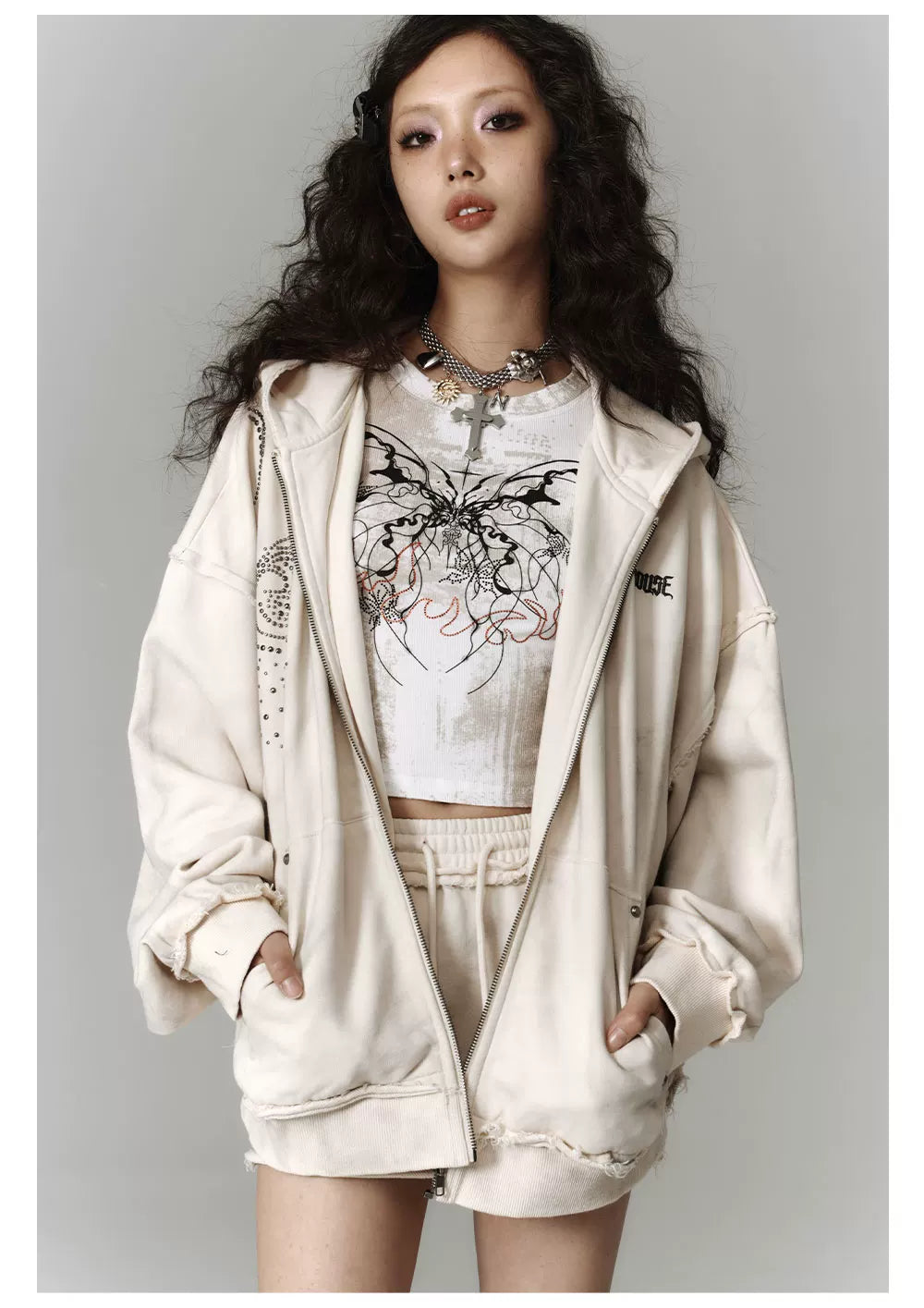 Washed Damage Oversize Zipper Hoodie & Short Skirt Setup