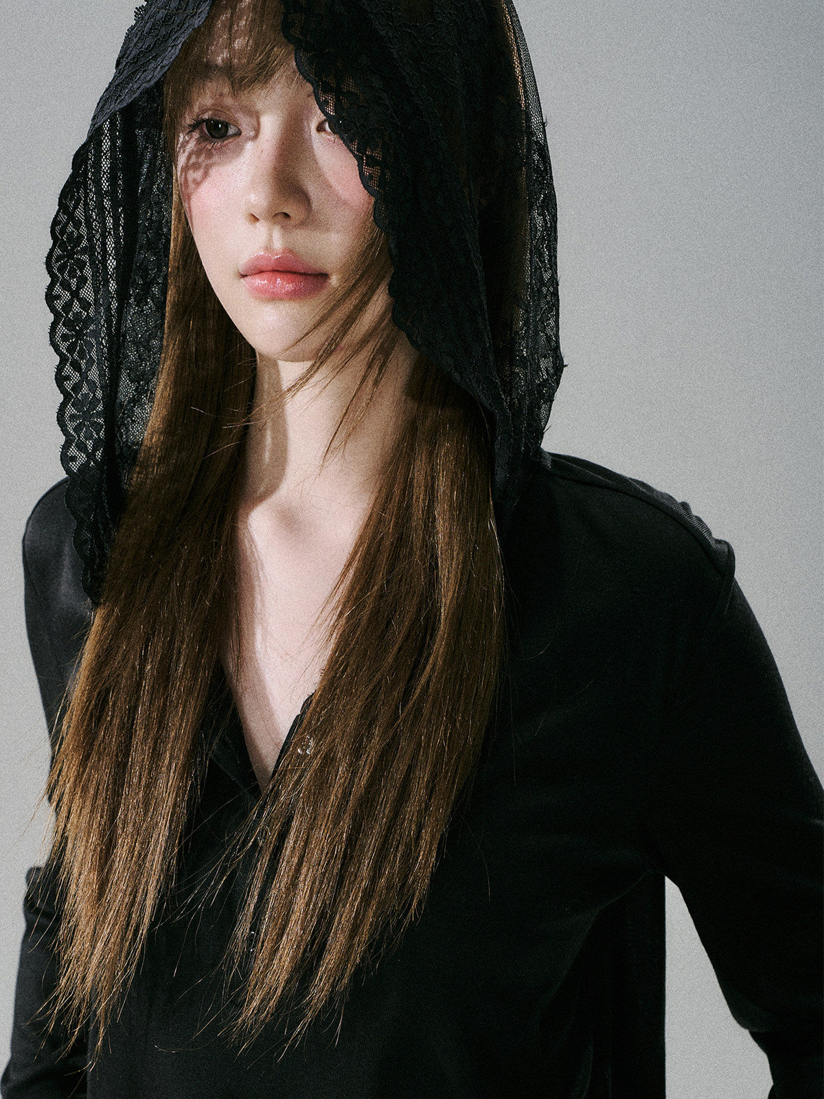 Lace Bow Hooded Long Sleeve Lyocell Shirt