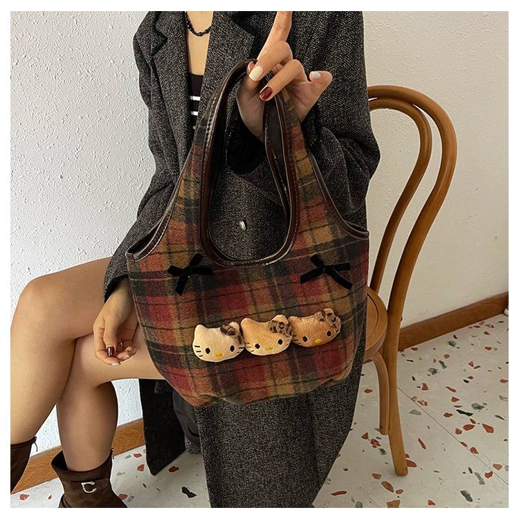 Vintage Karo Tragetasche mit Hello Kitty Trio - Soft Girl Ästhetische Handtasche