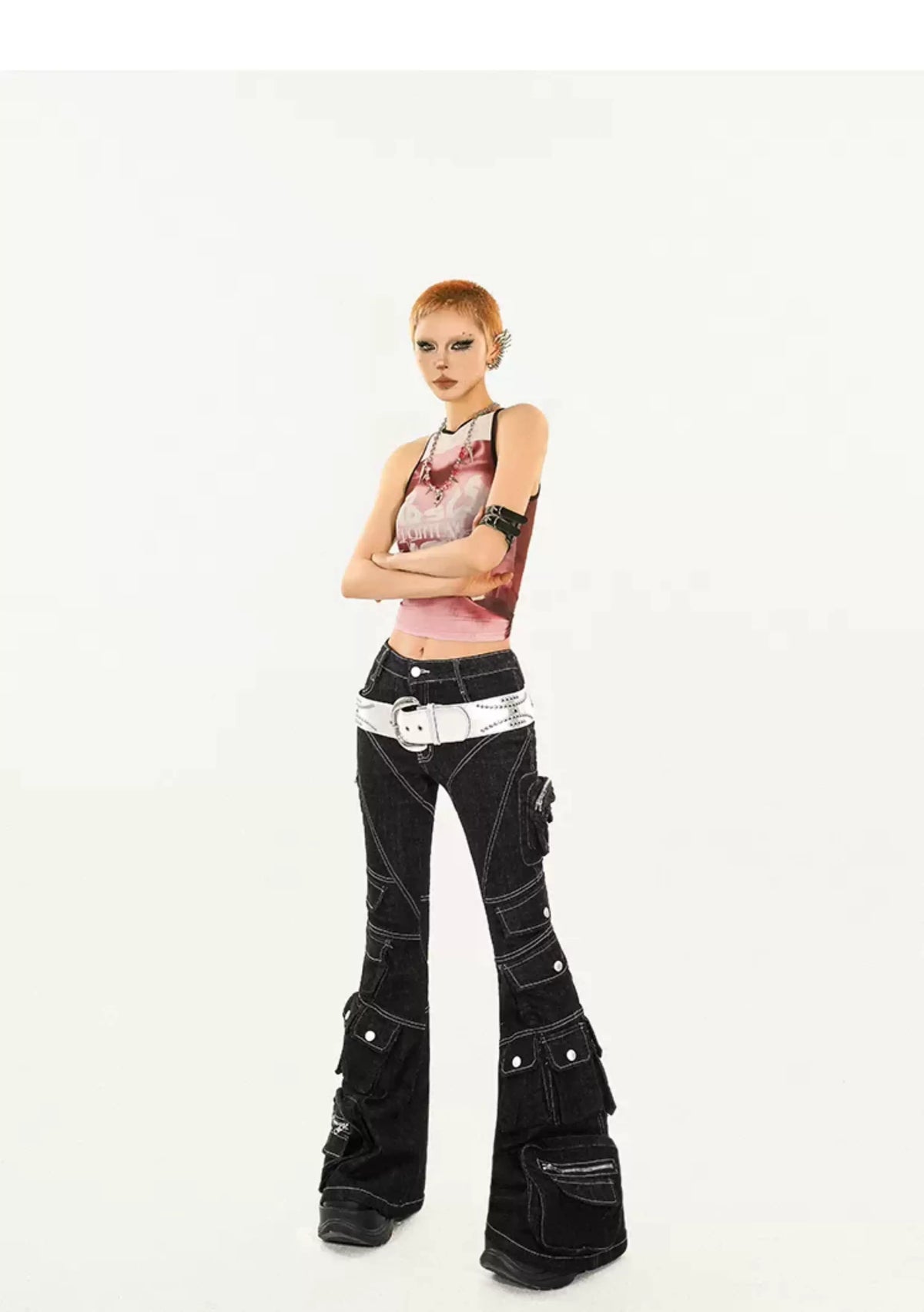 Utility Multi-Pocket Flare Cargo Denim Jeans