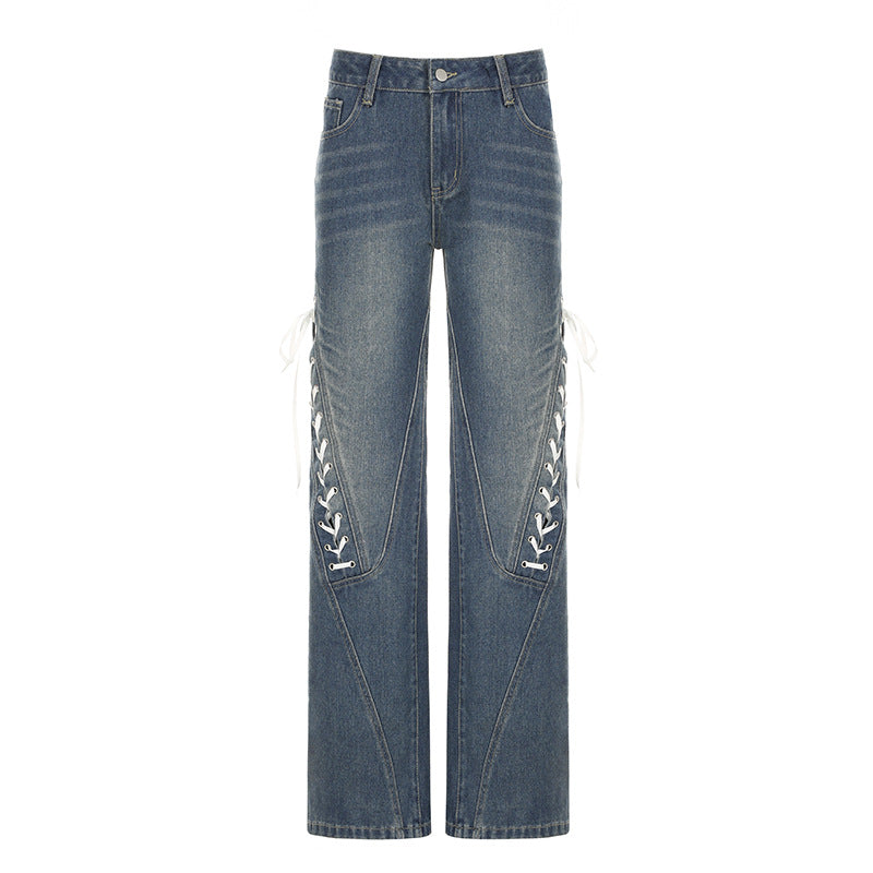Lace-up Low-rise Straight-Leg Jeans