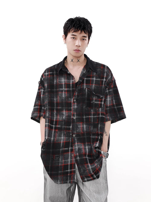 Camisa Oversized de Manga Curta com Estampa Xadrez - preto / S