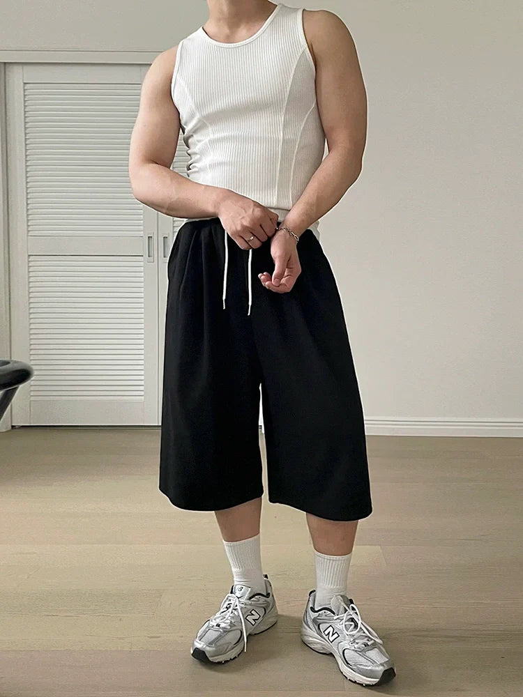 Solid Color Drawstring Wide Leg Half Sweatpants