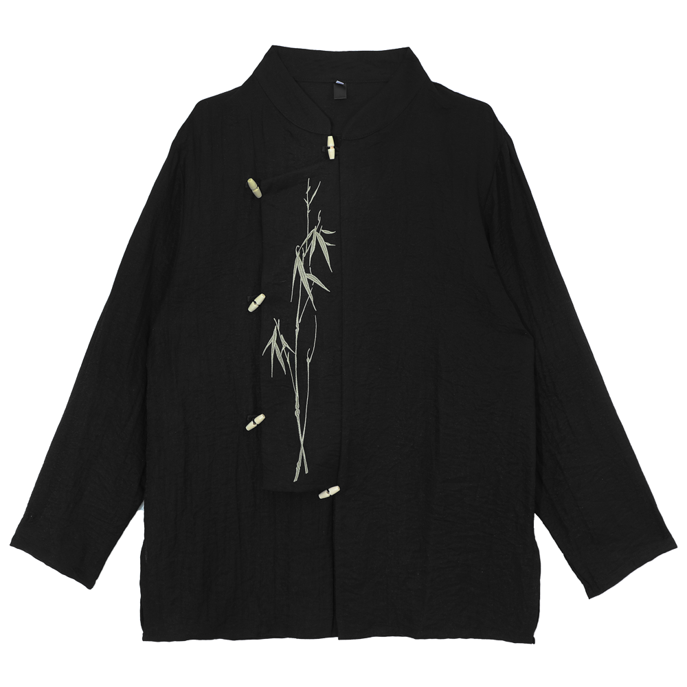 Standing-Collar Asymmetrical Embroidery Long Sleeve Shirt