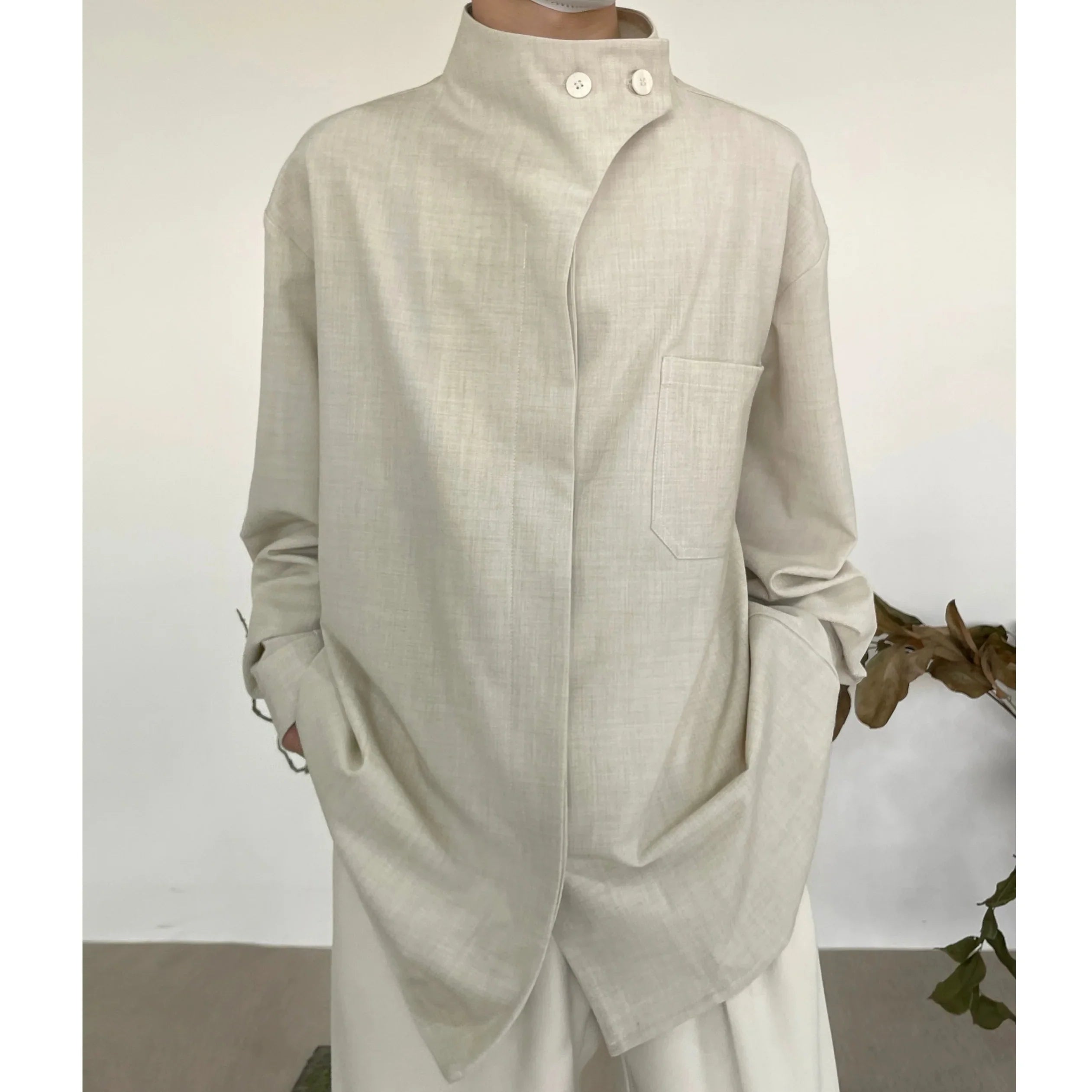 Minimalist French Standing-Collar Long Sleeve Shirt