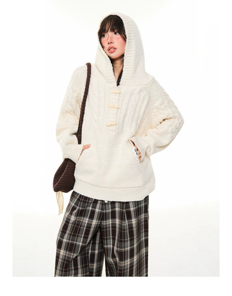 Hooded Toggle-Front Knit Sweater