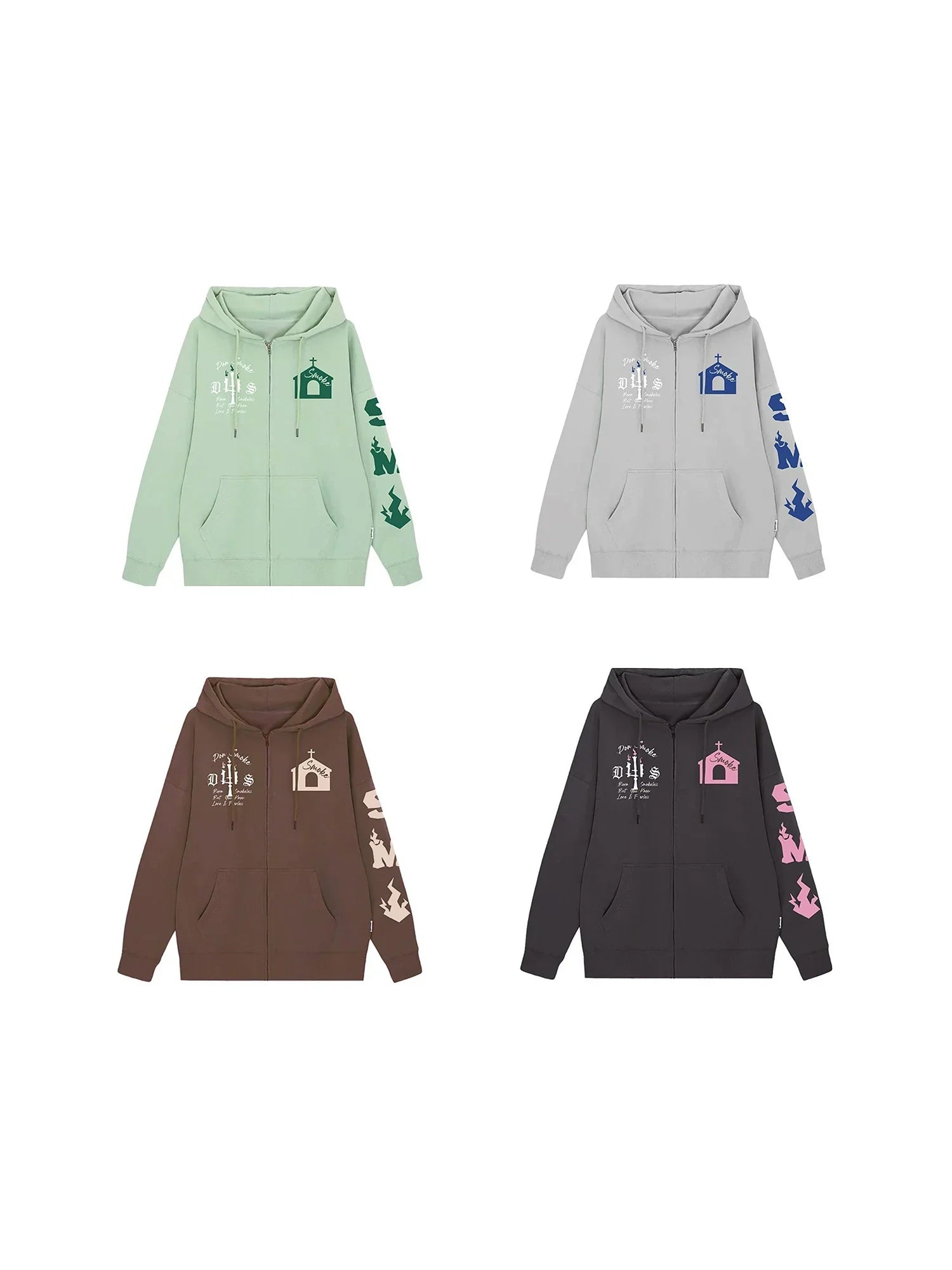 Fleece-Kapuzenjacke mit Schlossprint und Reißverschluss
