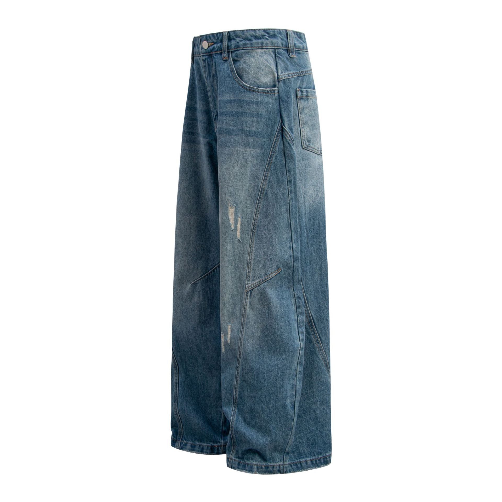 Washed Panel Design Wide Leg Denim Jeans