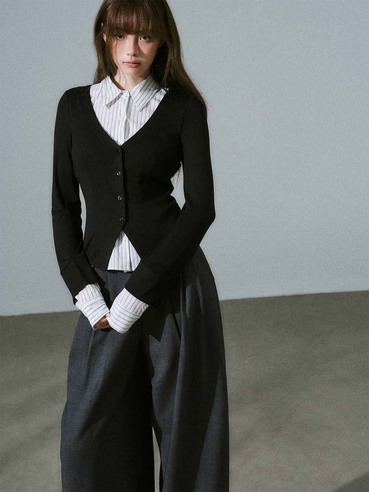 Layered Lyocell Wool Stripe Office Commuter Kinit Cardigan
