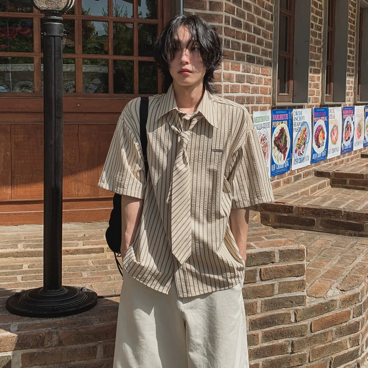 Striped Design Short Sleeve Shirt & Tie