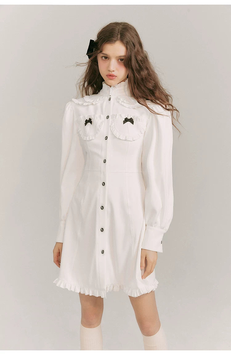 Double Neck Long Sleeve Shirt Dress