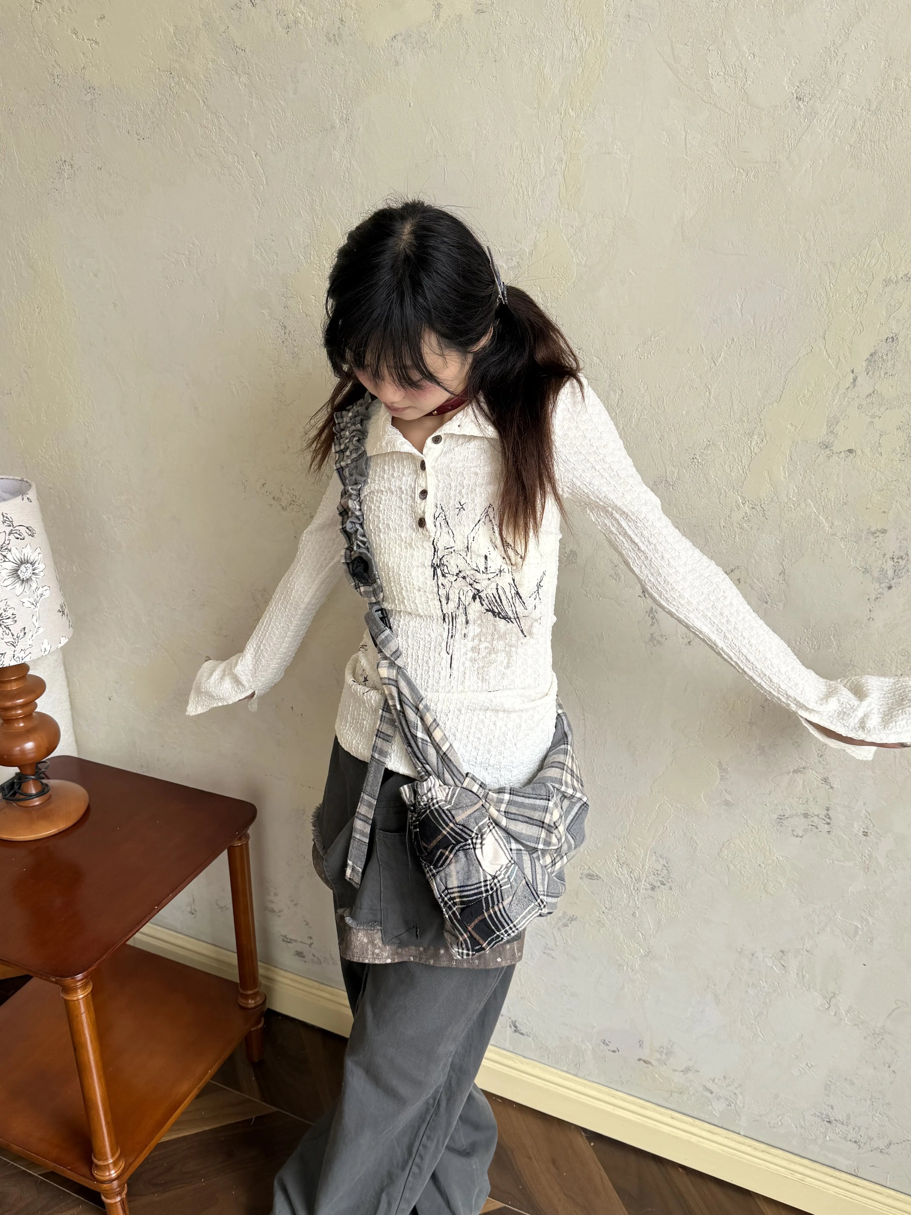 Deconstructed Patchwork Polka Dot Low Waist Wide Leg Denim Jeans