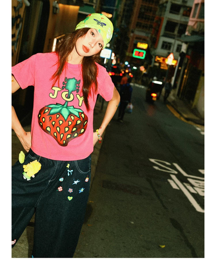 Strawberry Print Cropped Short Sleeve T-Shirt