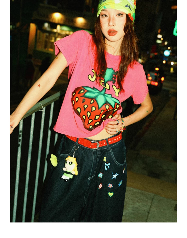 Strawberry Print Cropped Short Sleeve T-Shirt
