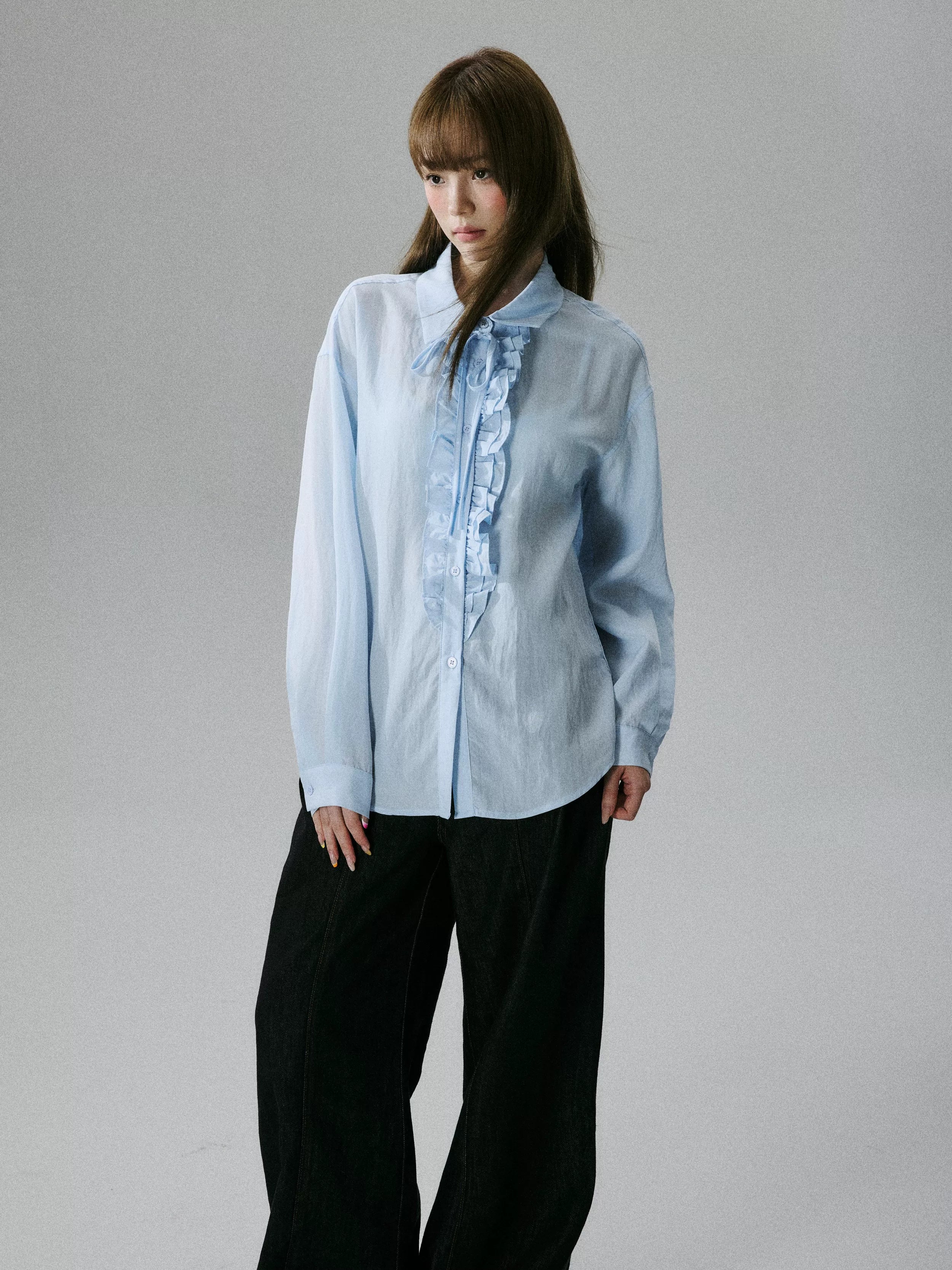 Wrinkled Lyocell Asymmetrical Bow Strap Sunscreen Long Sleeve Shirt