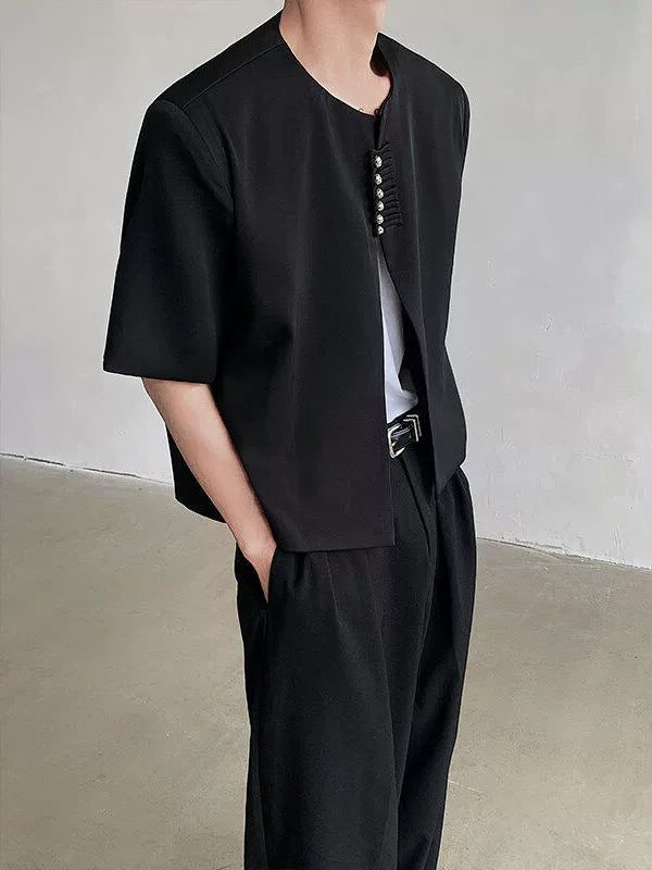 Chinese Style Shoulder Pad Short Sleeve Shirt